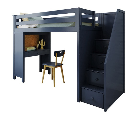 Braxton Blue Twin Loft Bed with Stairs and Desk