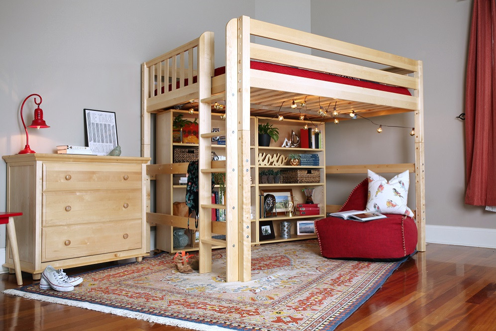 Becks Natural High Queen Loft Bed shown with Optional Bookcases Underneath Room