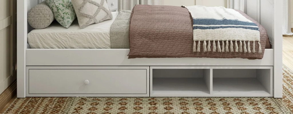 Mariah White Optional Single Under Bed Storage Drawer and Cubby Front View Room
