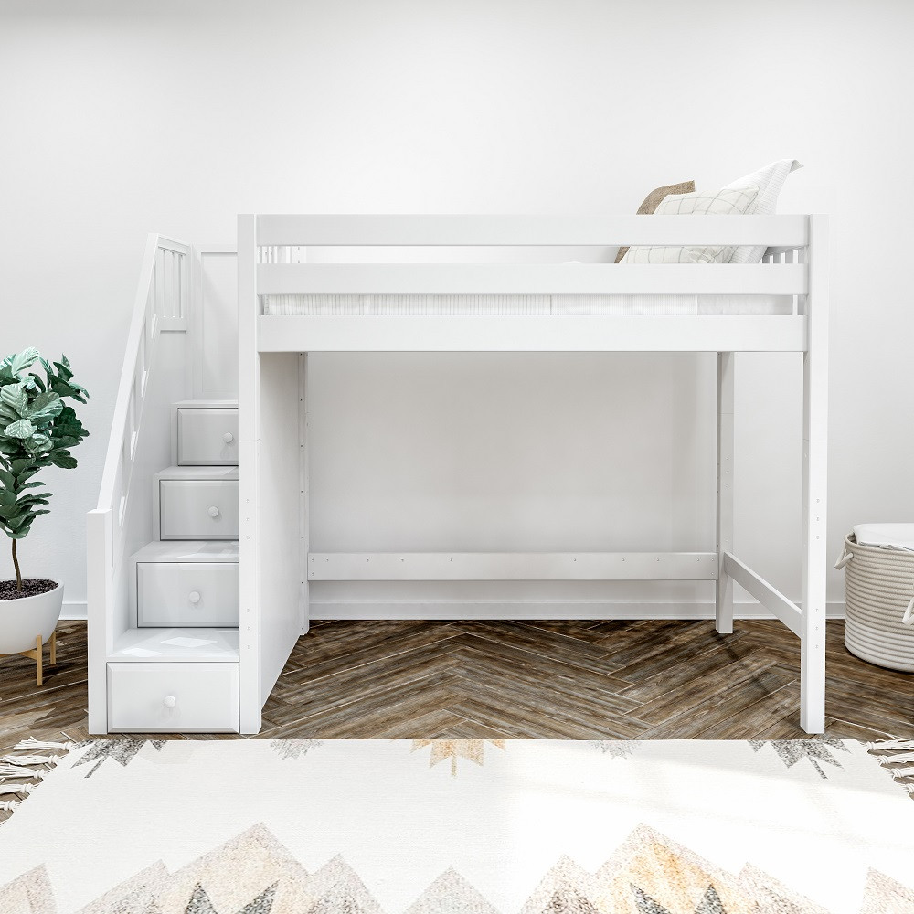 Hayes White Twin XL Loft Bed with Stairs Front View Room