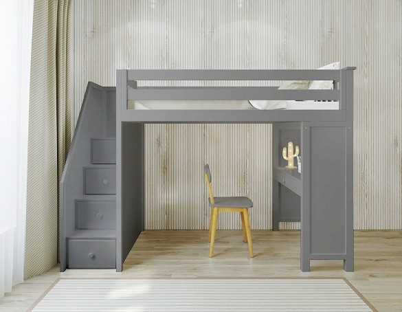 Rylan Gray Twin Loft Bed with Stairs and Desk Front View Room