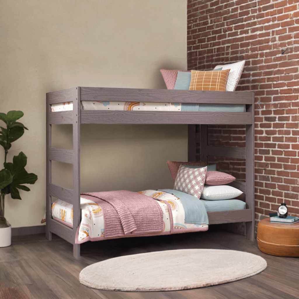 Tribeca Distressed Walnut Twin Bunk Beds Room with exposed brick