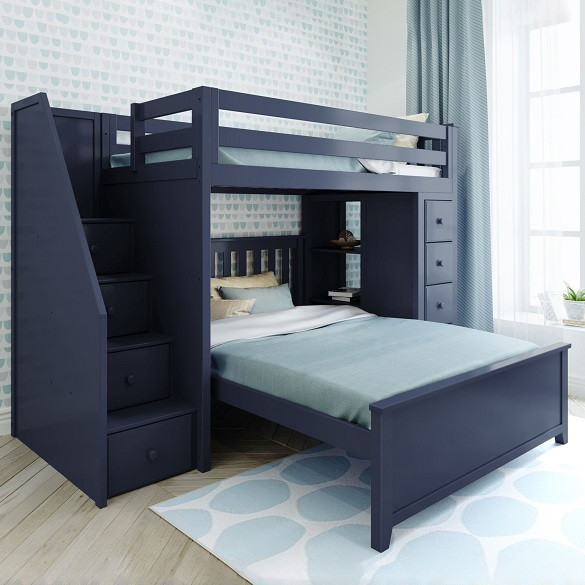 Baldwin Blue Twin over Full L Shaped Bunk Beds with Storage Stairs on Left Room