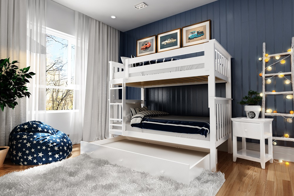 Anaya White Bunk Bed Twin over Twin shown with Optional Twin Storage Trundle Angled View Room