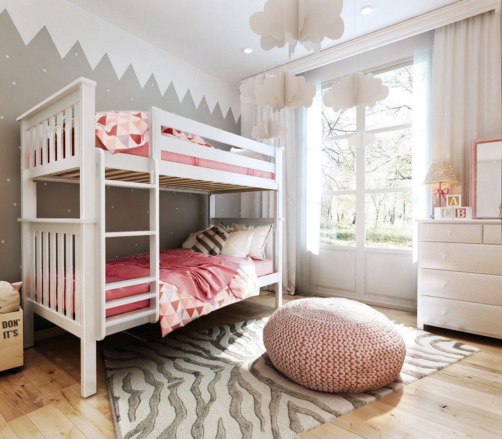 Anaya White Bunk Bed Twin over Twin Angled View Room