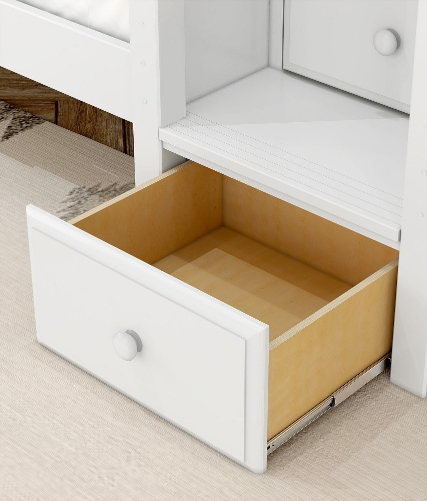 Haylee White Loft Bed with Stairs and Desk Staircase Drawer Detail Room