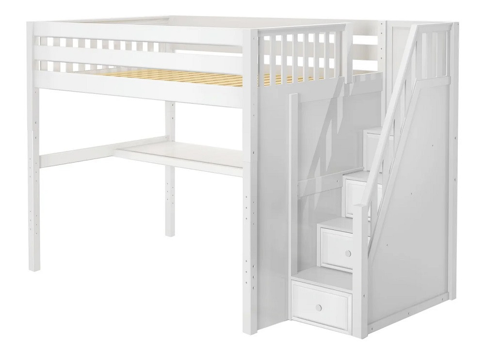 Haylee White Full Size Loft Bed with Stairs and Desk Front View Room