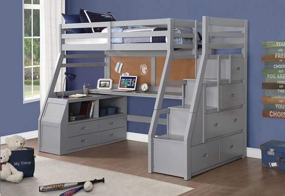 Jasper Gray Twin Loft Bed with Stairs and Desk Room