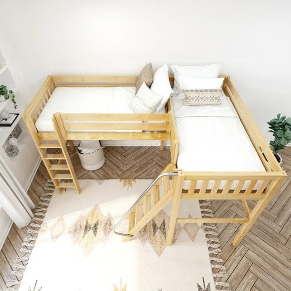 Hillcrest Natural Twin Twin High Corner Beds Top View shown with Slatted Ends Room