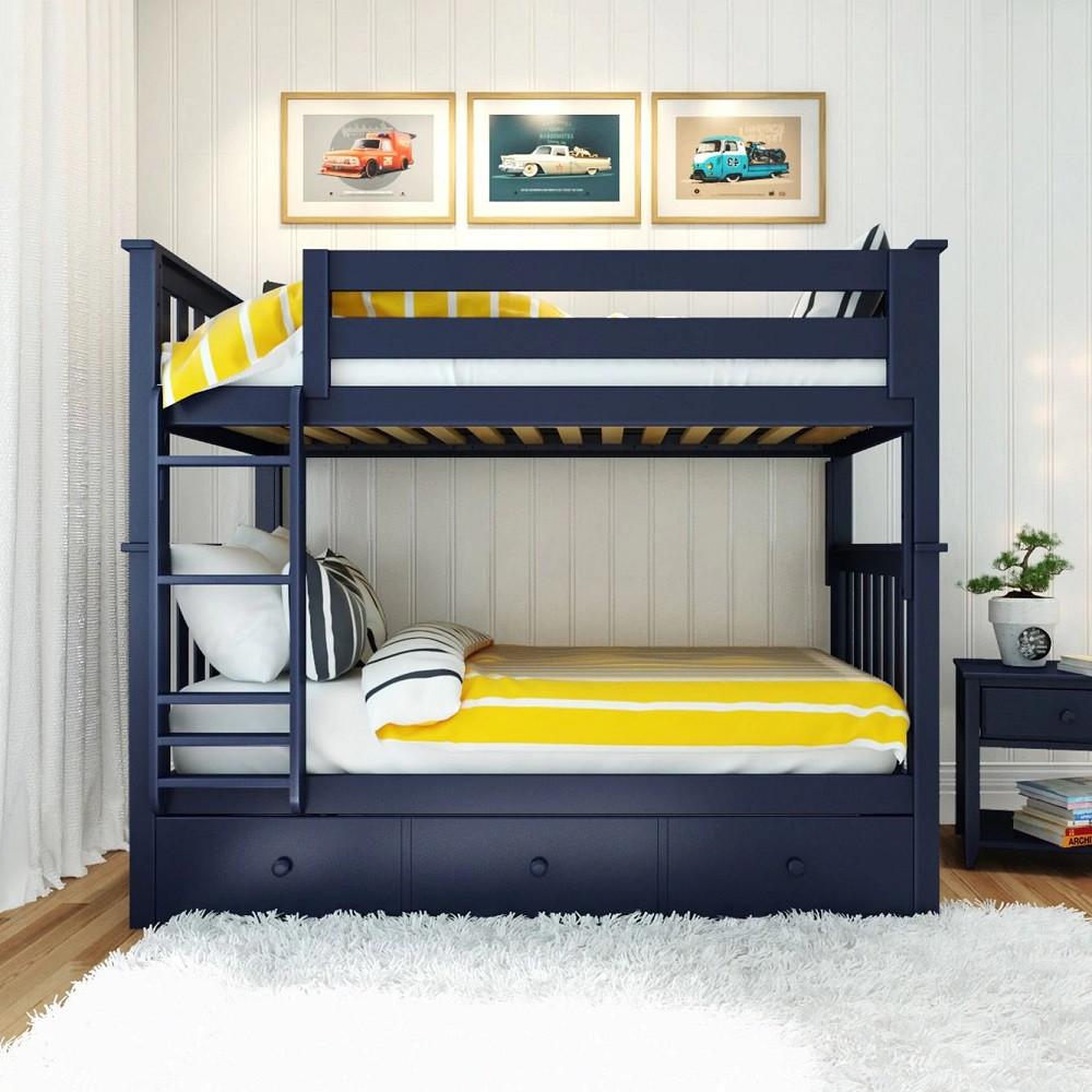 Braxton Blue Bunk Bed Twin over Twin shown with Optional Twin Storage Trundle In Front View Room