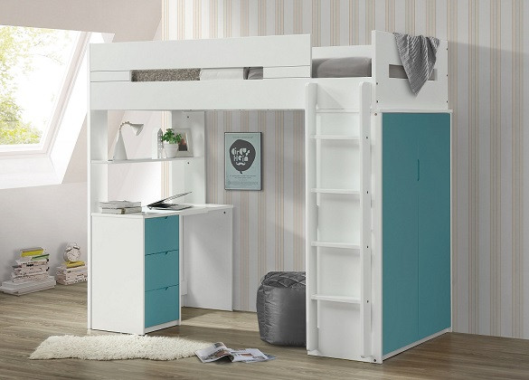 Cosmos White and Teal Twin Loft Bed with Desk and Storage Room