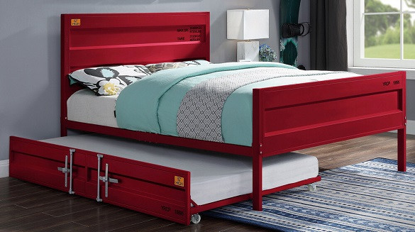 Shipping Container Red Full Size Metal Bed Frame shown with Optional Twin Trundle Room