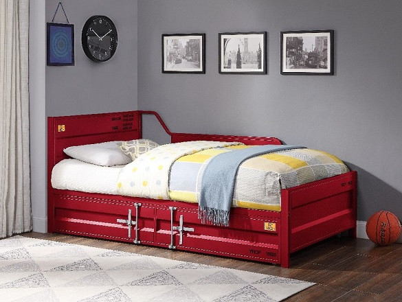 Shipping Container Twin Size Red Metal Daybed shown with Optional Twin Trundle In Room