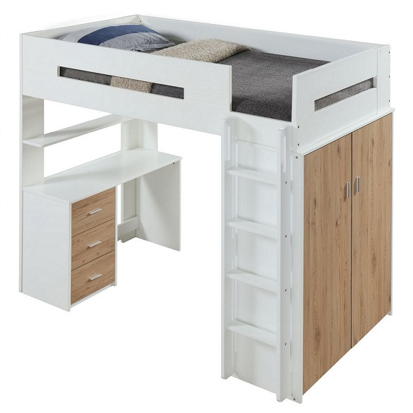 Cosmos White and Oak Twin Loft Bed with Desk and Storage Angled