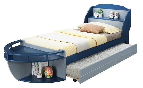 High Seas Navy Blue Twin Boat Bed shown with Optional Twin Trundle