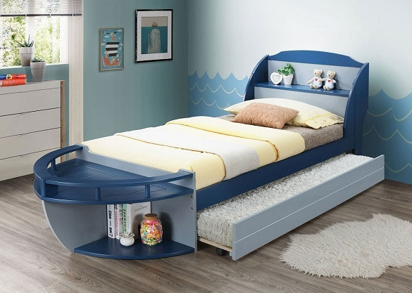 High Seas Navy Blue Twin Boat Bed shown with Optional Twin Trundle Room