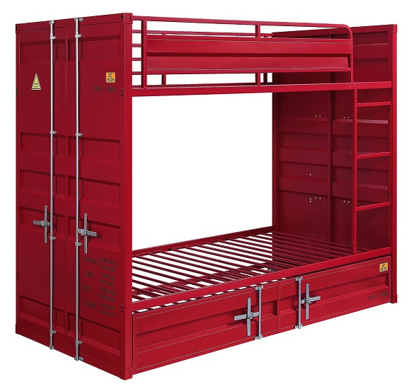 Shipping Container Twin Red Metal Bunk Beds shown with Optional Twin Trundle In