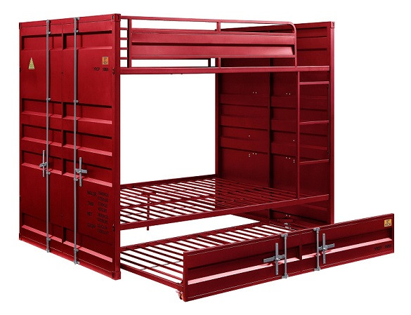 Shipping Container Full Size Red Metal Bunk Beds shown with Optional Twin Trundle Out