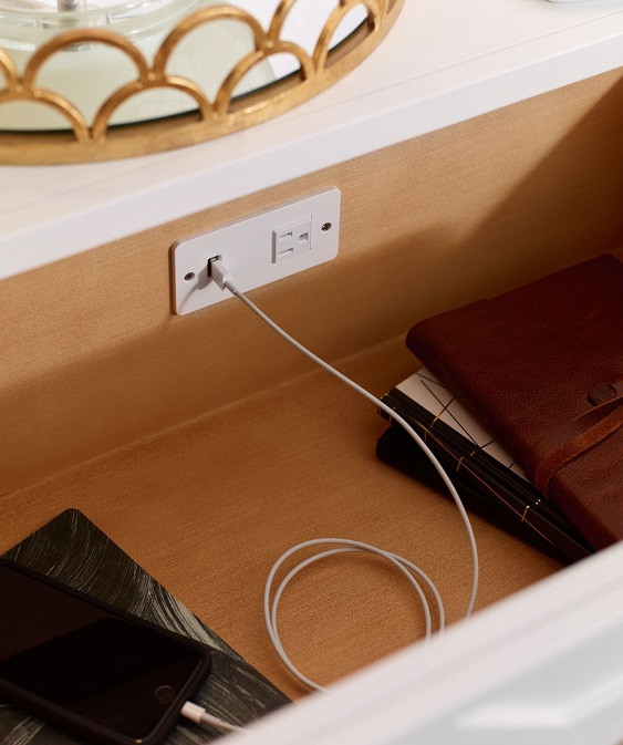 Antoinette White and Gold Nightstand with Charging Station Detail