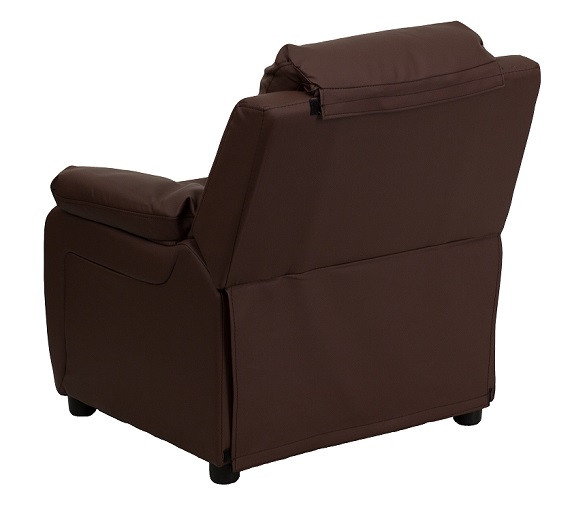 Kids Recliner Leather with Storage Arms Back View Brown