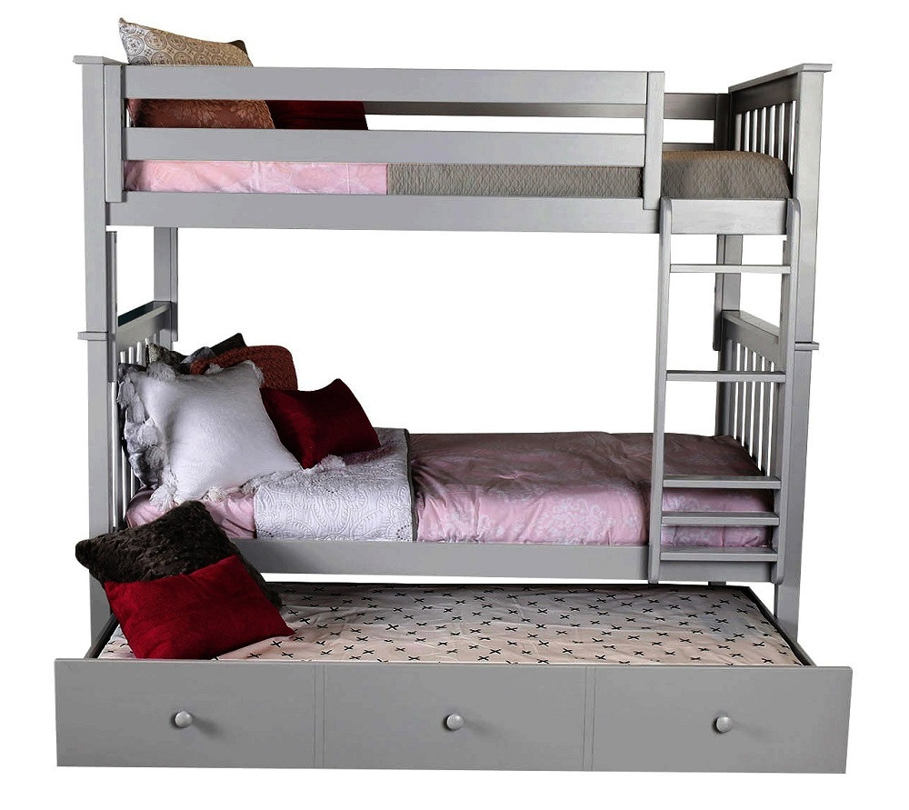 Rylan Gray Twin over Twin Bunk Beds Front View shown with Optional Twin Storage Trundle Open