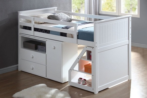 Levi White Twin Low Loft Bed with Stairs Desk and Stairs In Room