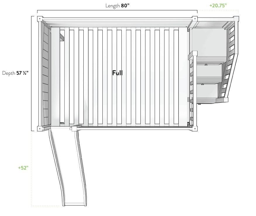 Decorah White Full Size Low Loft Bed with Slide and Stairs Footprint