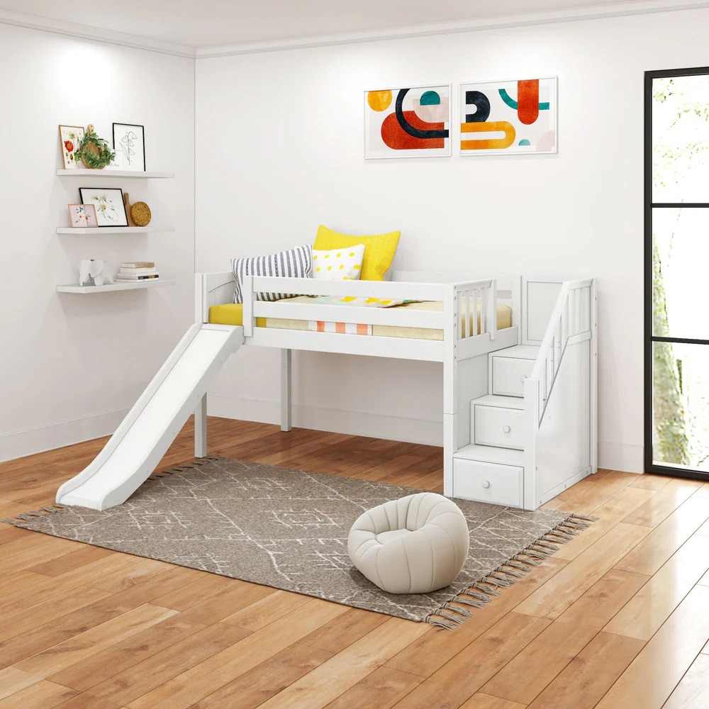 Decorah White Twin Low Loft Bed with Slide and Stairs-Panel Ends Angled View