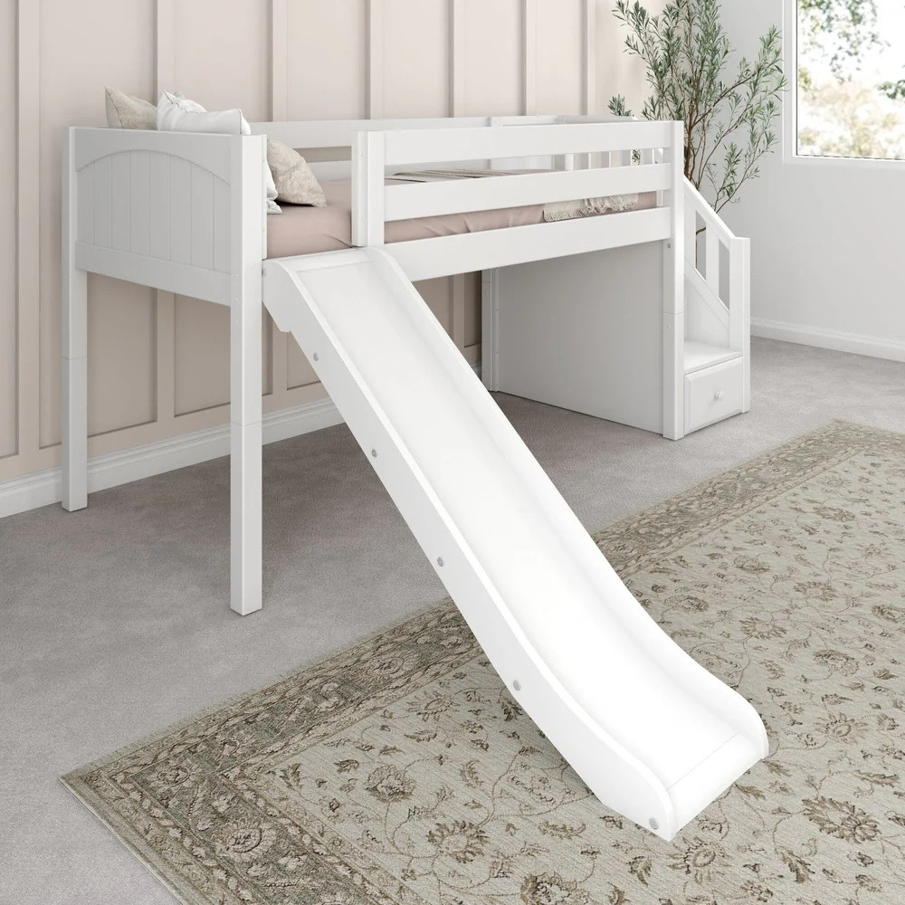 Decorah White Twin Low Loft Bed with Slide and Stairs-Panel Ends Left Angled View