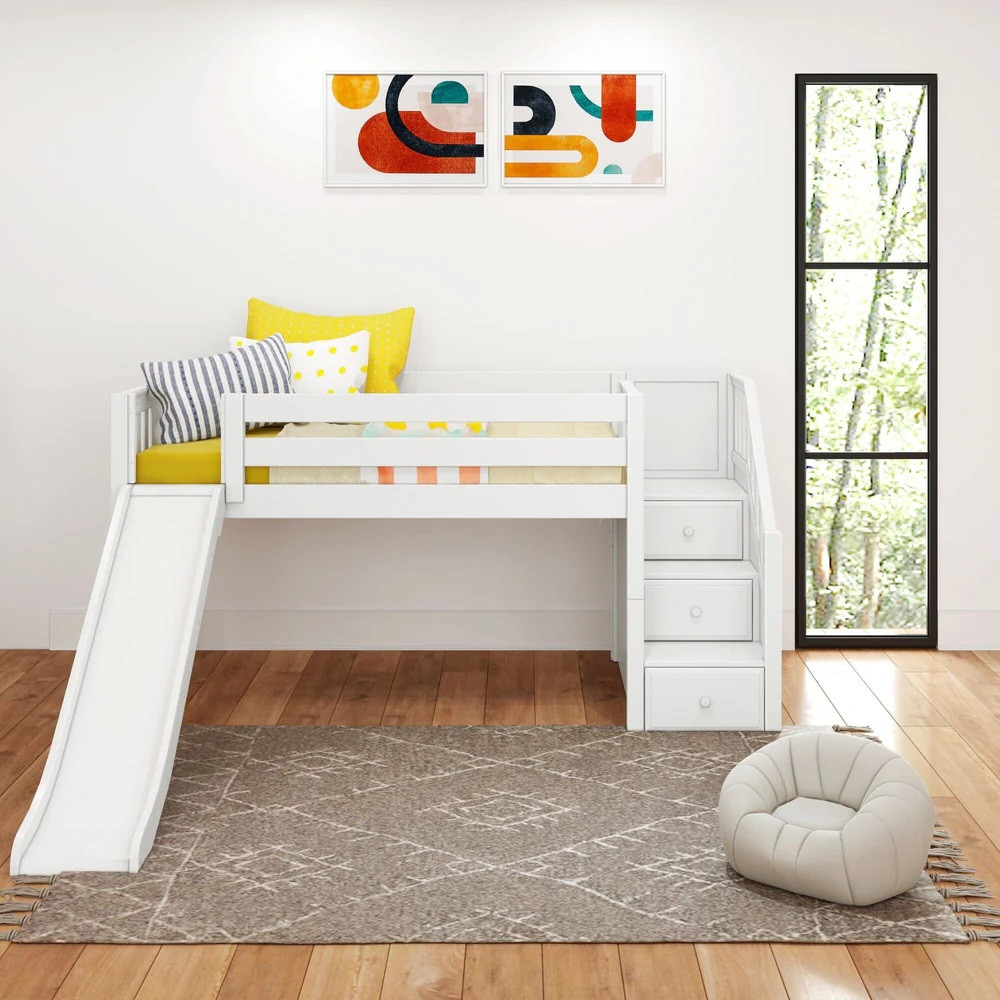 Decorah White Twin Low Loft Bed with Slide and Stairs-Slatted Ends Front View