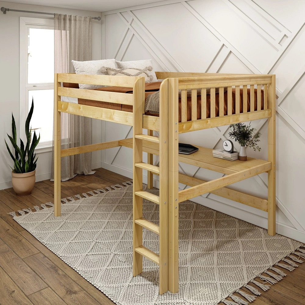 Bennett Natural Queen Loft Bed with Desk Right Side Angled View Room