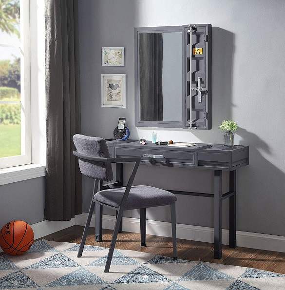 Shipping Container Gray Metal Vanity Mirror shown with Optional Gray Metal Vanity Desk