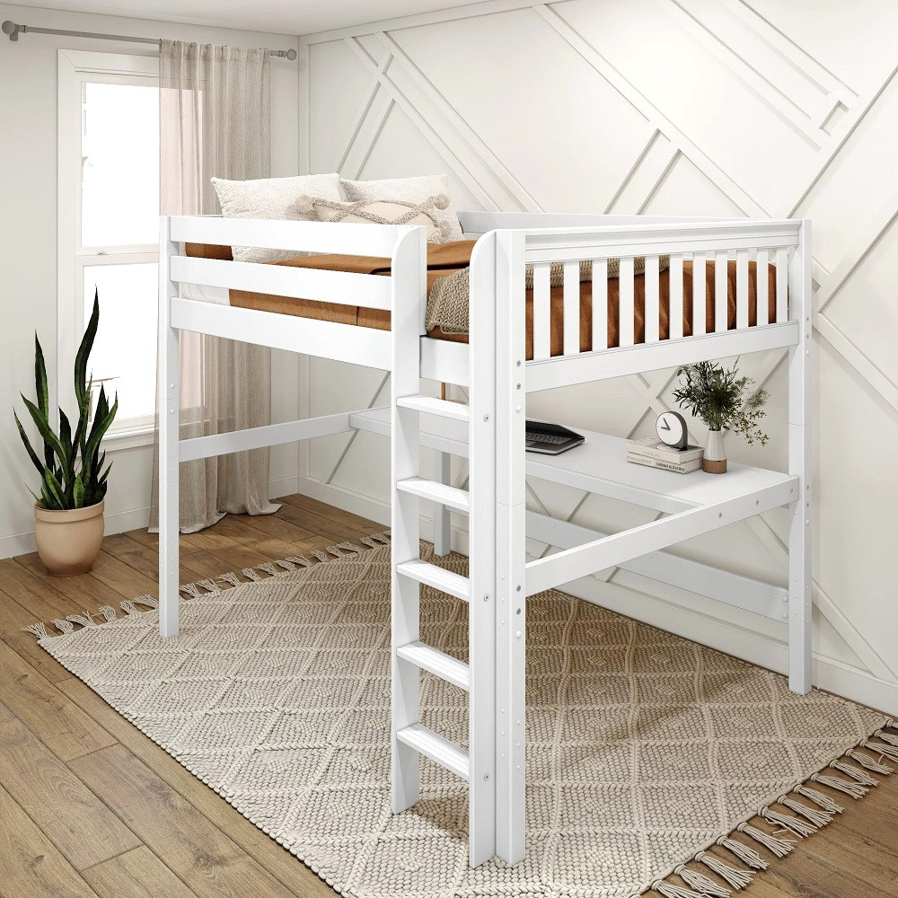 Lily White Queen Loft Bed with Desk Right Angled View Room