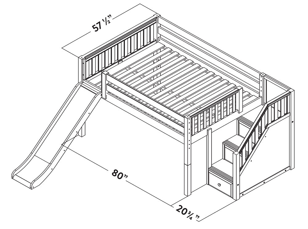 Decorah Natural Full Size Low Loft Bed with Slide and Stairs Dimensions