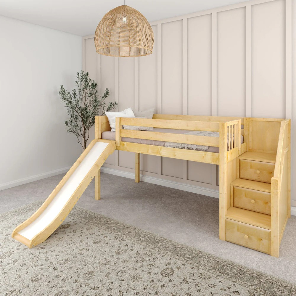 Decorah Natural Twin Low Loft Bed with Slide and Stairs-Panel Ends Angled View