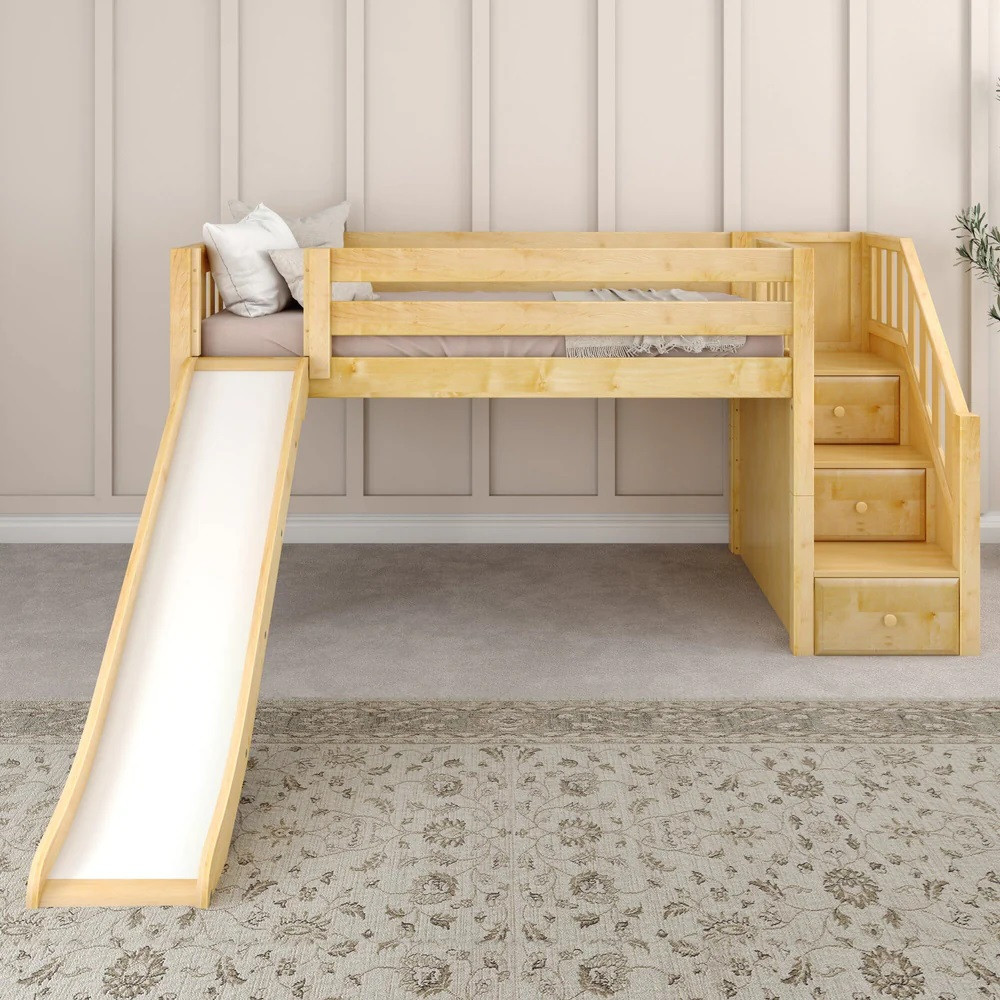 Decorah Natural Twin Low Loft Bed with Slide and Stairs-Slatted Ends Front View