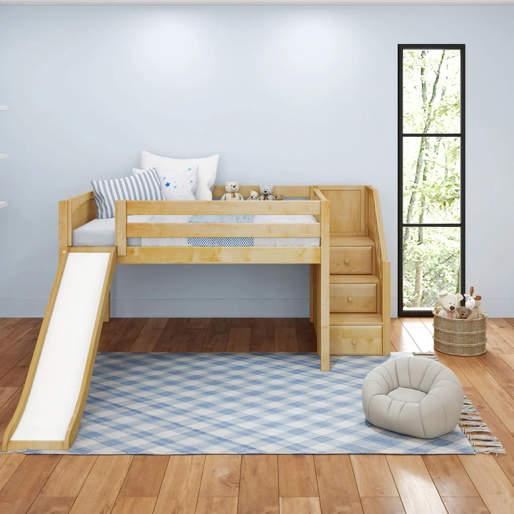 Decorah Natural Full Size Low Loft Bed with Slide and Stairs-Panel Ends Front View