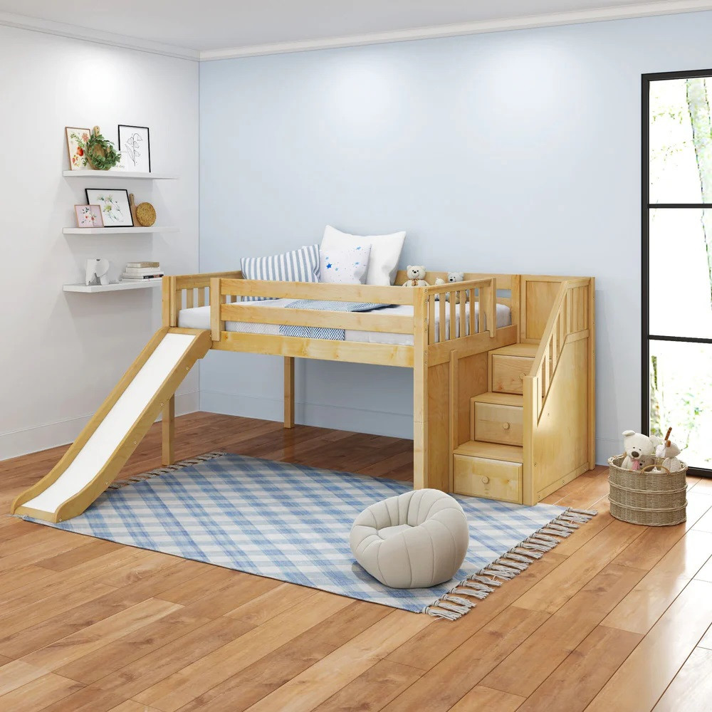 Decorah Natural Full Size Low Loft Bed with Slide and Stairs-Slatted Ends Angled View