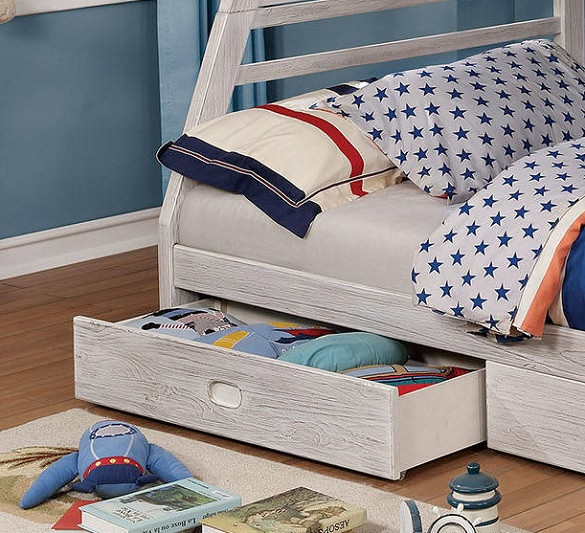 Callum White Sand Twin over Full Bunk Bed with Storage Drawer Detail
