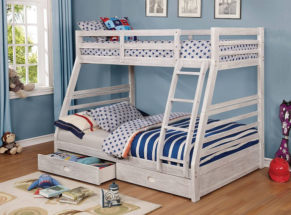 Callum White Sand Twin over Full Bunk Bed with Storage Room