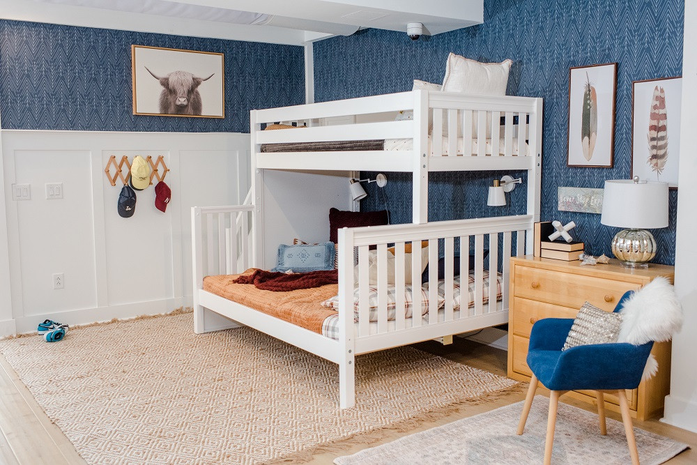 Menora White Twin over Queen Bunk Bed with Stairs Bed End Side View Room