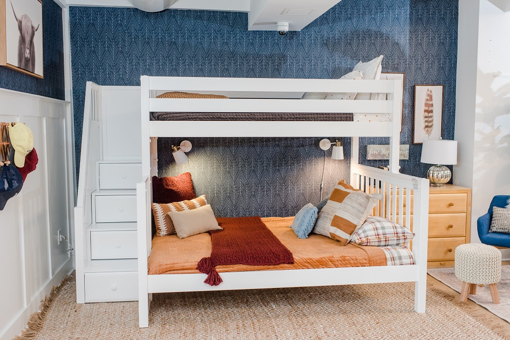 Menora White Twin over Queen Bunk Bed with Stairs Front View Room