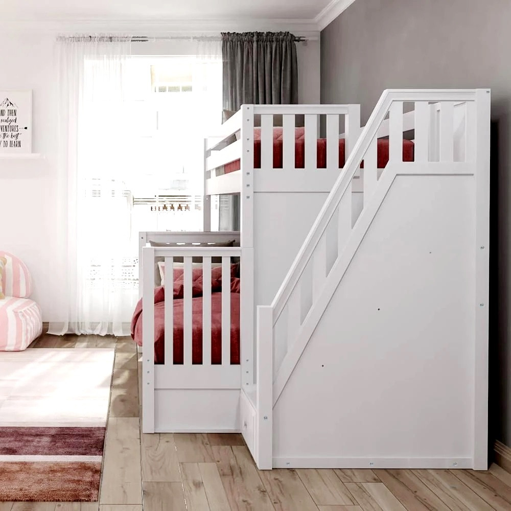 Menora White Twin over Queen Bunk Bed with Stairs Stair Side View Room