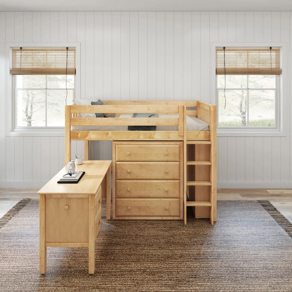 McQwinn Natural Twin Junior Loft Bed with Desk and Storage-Slatted Ends Front View Room