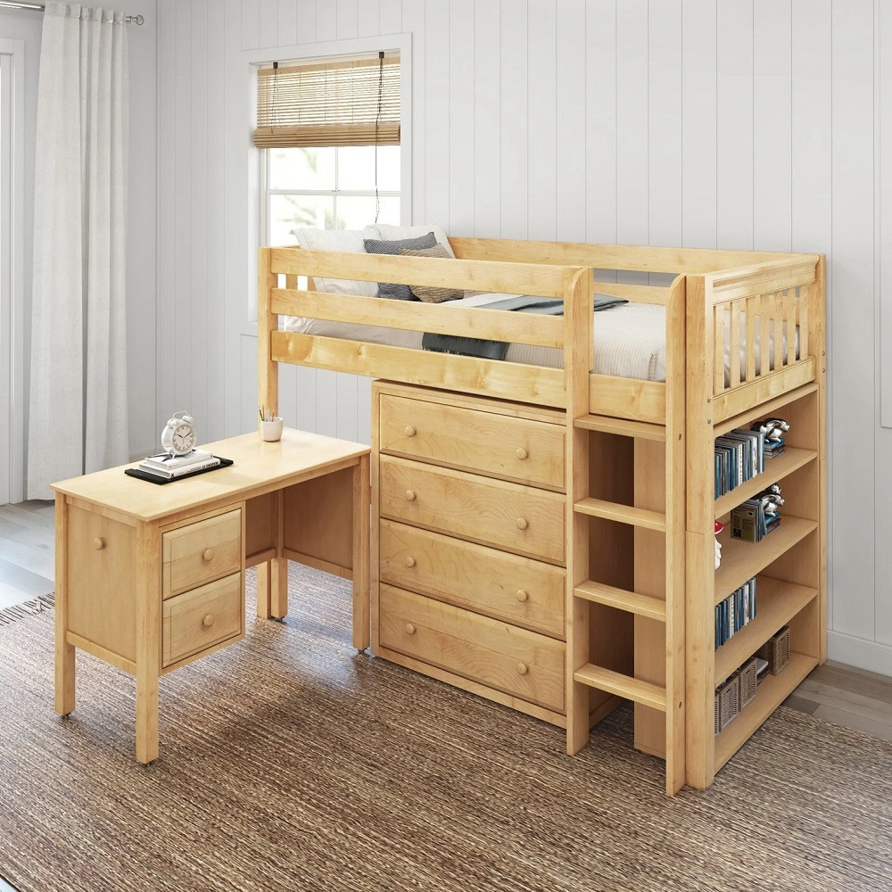 McQwinn Natural Twin Junior Loft Bed with Desk and Storage-Slatted Ends Room