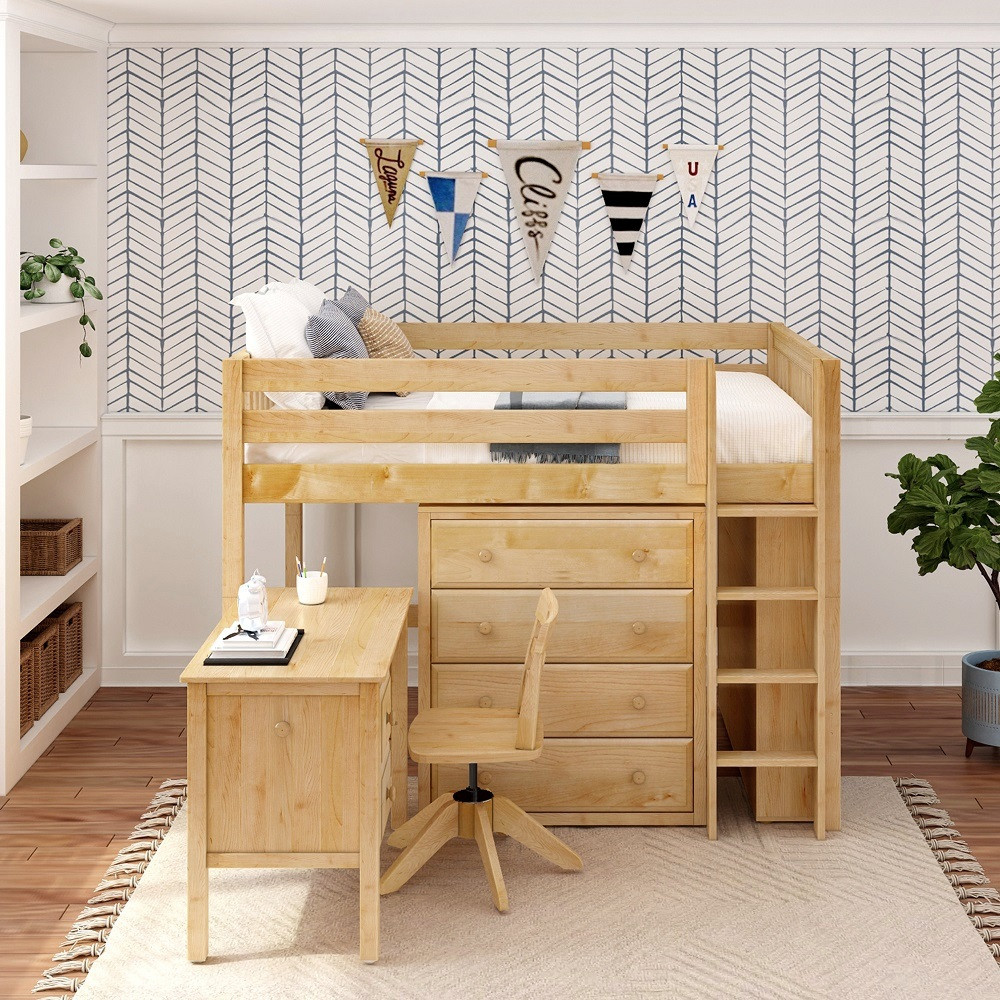 McQwinn Natural Full Size Junior Loft Bed with Desk and Storage-Slatted Ends Front View Room