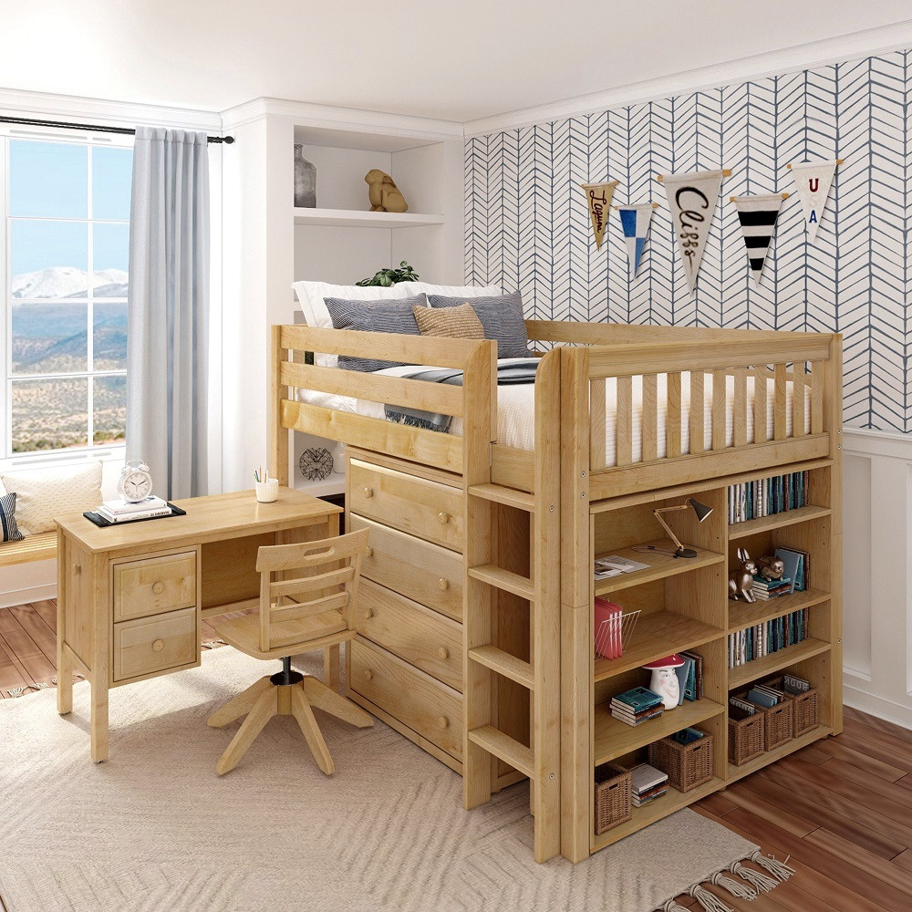 McQwinn Natural Full Size Junior Loft Bed with Desk and Storage-Slatted Ends Room