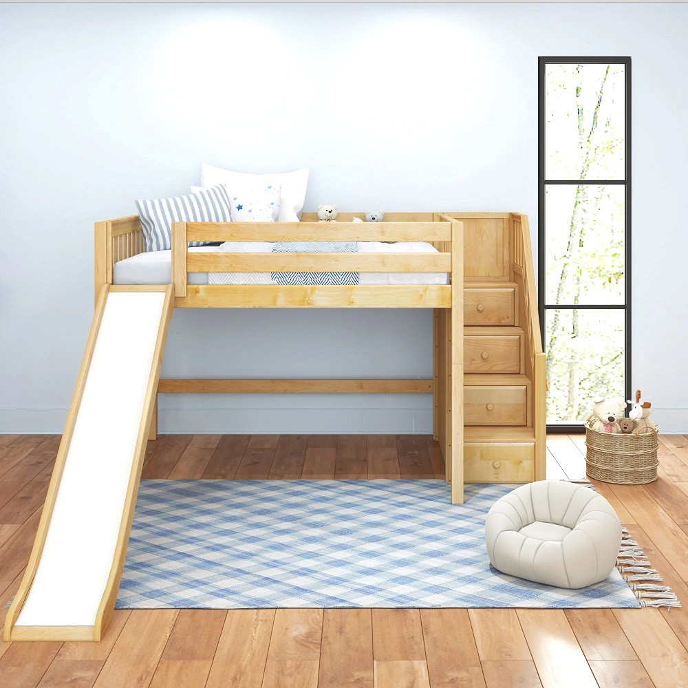 Mayor's Natural Full Size Slide Loft Bed with Stairs-Slatted Ends Front View Room