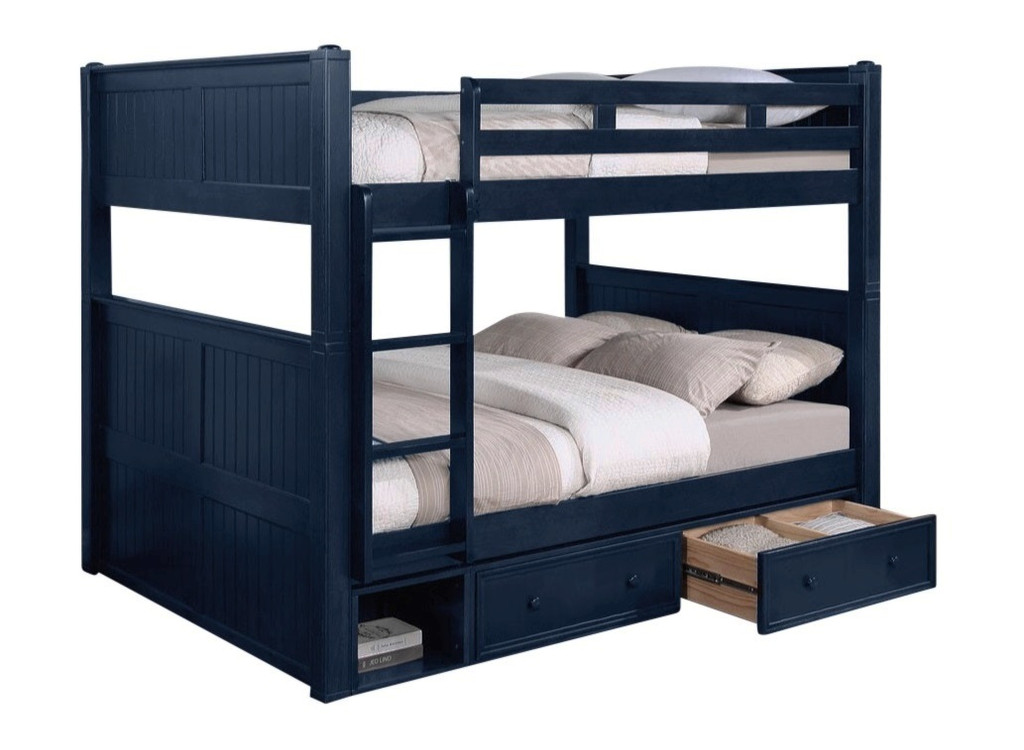 Annapolis Blue Queen Size Bunk Beds shown with Optional Short Vertical Ladder & Set of 2 XL Underbed Storage Drawers with Cubby