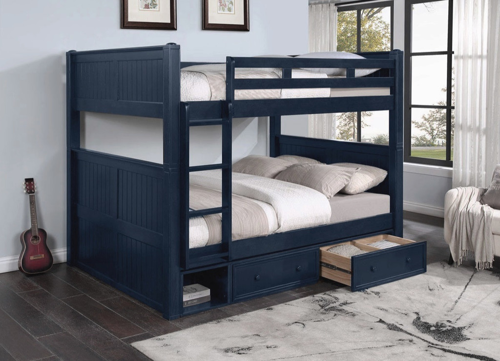 Annapolis Blue Queen Size Bunk Beds shown with Optional Short Vertical Ladder & Set of 2 XL Underbed Storage Drawers with Cubby Room